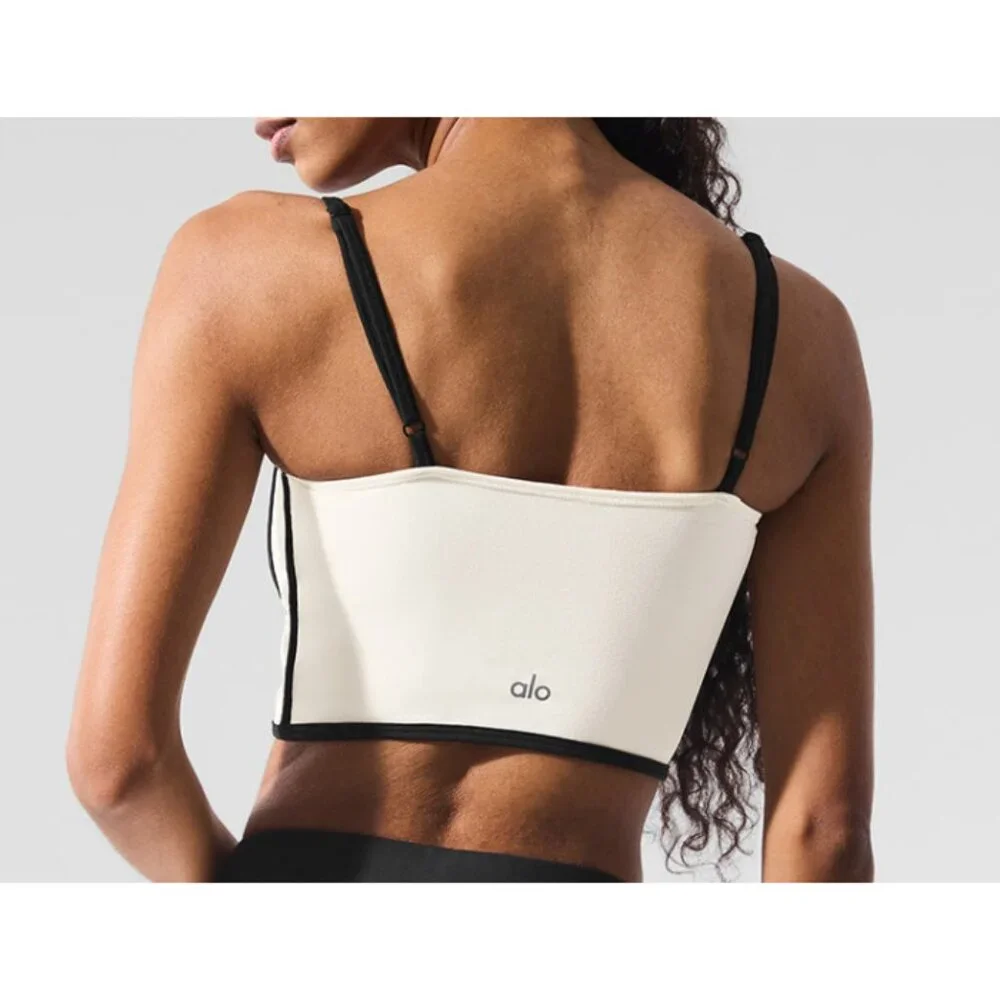 Alo Airbrush Streamlined Bra Tank Ivory Black Padded Sports Bralette Crop Top XS